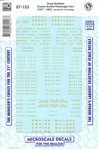 HO Scale Microscale 87-153 Great Northern Empire Builder Passenger Car Decal Set
