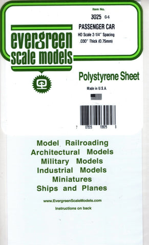 Evergreen 3025 Styrene HO Passenger Car Siding Scale 2-1/4" Spacing 6x12" Sheet