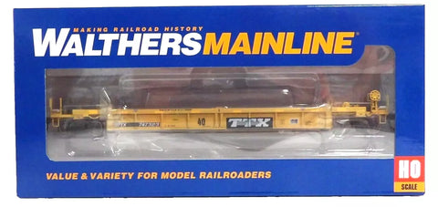 HO Scale Walthers MainLine 910-8437 Large black & white TTX logo w/yellow conspicuity stripes TTX DTTX 747323 Thrall Rebuilt 40' Well Car