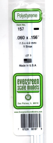 Evergreen 157 Styrene Strip Plastic .060" Thick x .156" 14" Long pkg (9)