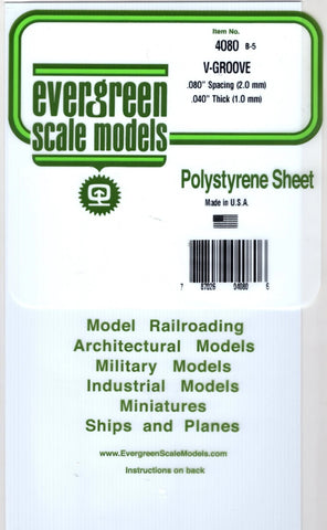 Evergreen 4080 Styrene V-Groove Siding Sheet .040 x 6 x 12" .080" Spacing