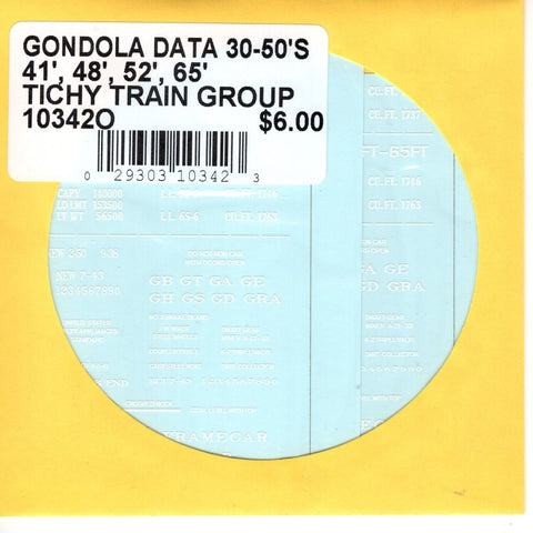 O Scale Tichy Train 10342O Gondola Data 30-50's 40', 48', 52', 65' Decal Set