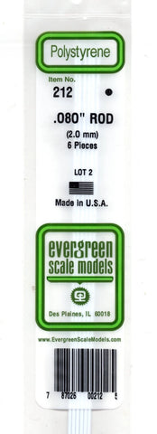 Evergreen 212 Styrene Rod .080" .20cm Diameter pkg (6)