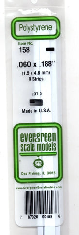 Evergreen 158 Styrene Strip Plastic .060" Thick x .188" 14" Long pkg (9)