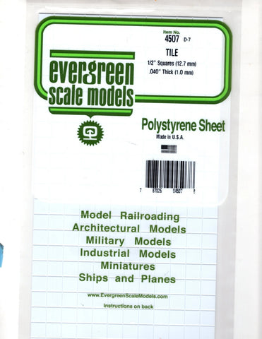 Evergreen 4507 Styrene Square Tile Sheet .040 x 6 x 12" 1/2" 1.27cm Square