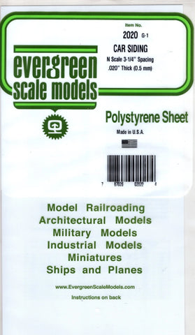 Evergreen 2020 Styrene N Freight Car Siding Scale 3-1/4" Spacing 6 x 12" Sheet