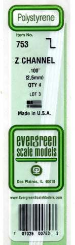 Evergreen 753 Styrene Z Channel Strips 14" 35cm .100" 2.5mm pkg (4)
