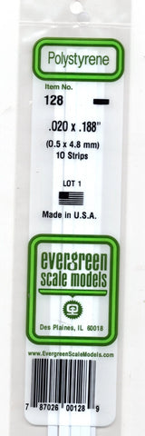 Evergreen 128 Styrene Strip Plastic .020" Thick x .188" 14" Long pkg (10)