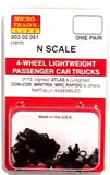 N Scale Micro Trains 302051 Four-Wheel Passenger Car Trucks Adjustable Couplers