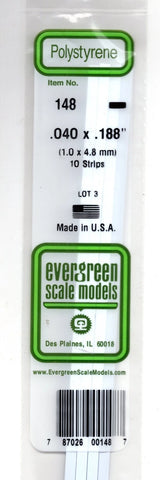 Evergreen 148 Styrene Strip Plastic .040" Thick x .188" 14" Long pkg (10)