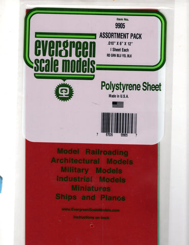 Evergreen 9905 Styrene Sheet Color Assortment Pack .010 x 6 x 12" pkg (5)
