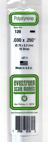 Evergreen 139 Styrene Strip Plastic .030" Thick x .250" 14" Long pkg (10)