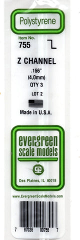 Evergreen 755 Styrene Z Channel Strips 14" 35cm .156" 4mm pkg (3)