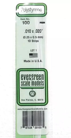 Evergreen 100 Styrene Strip Plastic .010" Thick x .020" 14" Long; pkg(10)