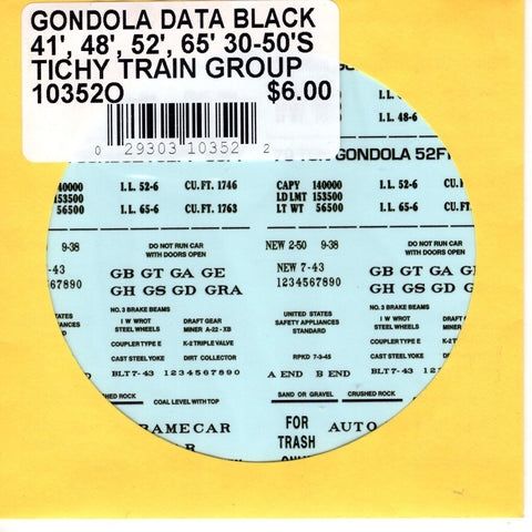 O Scale Tichy Train 10352O Gondola Data Black 41',48',52',65' 30-50's Decal Set