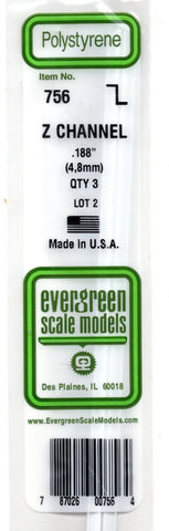 Evergreen 756 Styrene Z Channel Strips 14" 35cm .188" 4.8mm pkg (3)