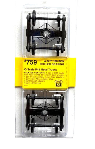 O Scale Kadee 759 2-Rail A.S.F. 100-Ton Roller Bearing Metal Trucks (1) pr
