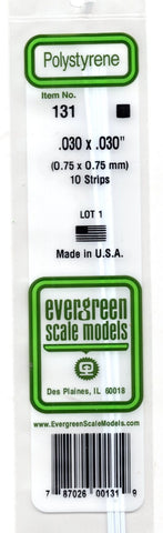 Evergreen 131 Styrene Strip Plastic .030" Thick x .030" 14" Long pkg (10)