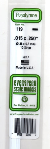 Evergreen 119 Styrene Strip Plastic .015" Thick x .250" 14" Long pkg (10)