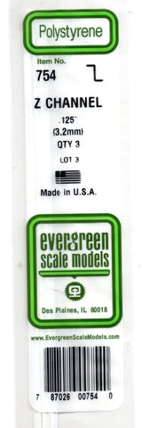 Evergreen 754 Styrene Z Channel Strips 14" 35cm .125" 3.2mm pkg (3)
