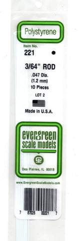 Evergreen 221 Styrene Rod .047" .12cm Diameter pkg (10)