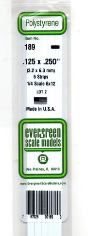 Evergreen 189 Styrene Strip Plastic .125" Thick x .250" 14" Long pkg (5)