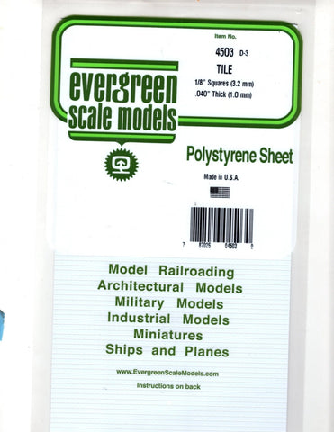 Evergreen 4503 Styrene Square Tile Sheet .040 x 6 x 12" 1/8" .32cm Square