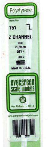 Evergreen 751 Styrene Z Channel Strips 14" 35cm .060" 1.5mm pkg (4)