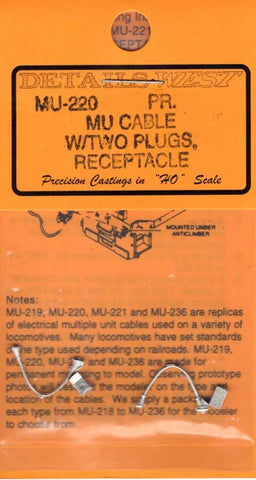 HO Scale Details West MU-220 MU Cable w/Two Plugs, Receptacle