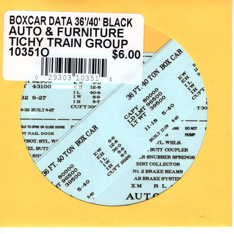 O Scale Tichy Train 10351O Boxcar Data 36'/40' Black Auto & Furniture Decal Set