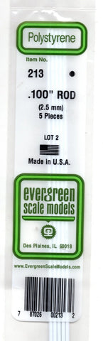 Evergreen 213 Styrene Rod .100" .25cm Diameter pkg (5)