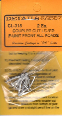 HO Scale Details West CL-316 2 Ea. Coupler Cut Lever F-Unit Front All Roads