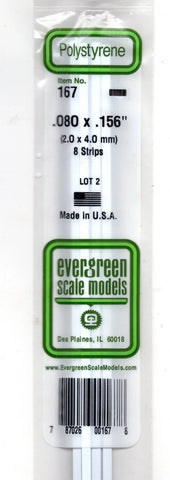 Evergreen 167 Styrene Strip Plastic .080" Thick x .156" 14" Long pkg (8)