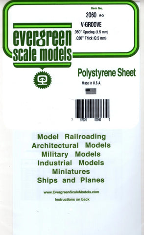 Evergreen 2060 Styrene V-Groove Siding Sheet .020 x 6 x 12" .060" Spacing