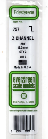 Evergreen 757 Styrene Z Channel Strips 14" 35cm .250" 6.3mm pkg (2)