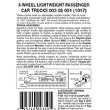 N Scale Micro Trains 302051 Four-Wheel Passenger Car Trucks Adjustable Couplers