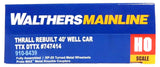 HO Scale Walthers MainLine 910-8439 Large black & white TTX logo w/yellow conspicuity stripes TTX DTTX 747414 Thrall Rebuilt 40' Well Car