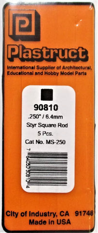 Plastruct PLS 90810 MS-250 Styrene Square Rod .250 x 10" Long pkg (5)