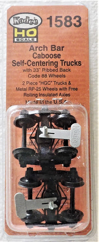 thumbnail interactive-video image 1 of Kadee #551 Arch Bar Self Centering Trucks With 33” Ribbed Back Wheels – HO Scale (2) 1 of 2