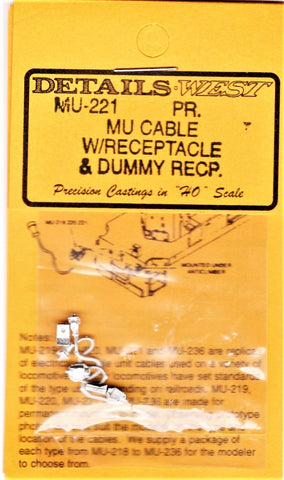 HO Scale Details West MU-221 MU Cables Dummy Receptacle pkg (2)