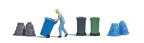 HO Scale Busch 7874 Woman Taking Out Trash Figure w/3 Bins & 4 Garbage Bags