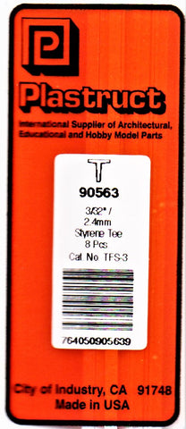 Plastruct PLS 90563 TFS-3 Styrene Tees 3/32 x 15" (8) pcs