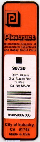 Plastruct PLS 90730 MS-30 Styrene Square Rod .030 x 10" (10) pcs