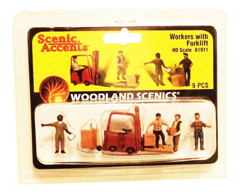 HO Scale Woodland Scenics A1911 Workers with Forklift Figures (9) pcs