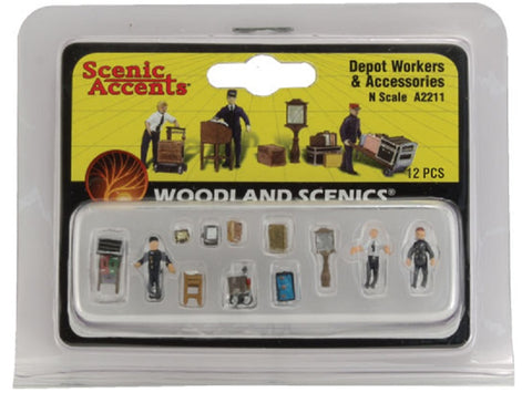 N Scale Woodland Scenics A2211 Depot Workers & Accessories Figures (12) pcs