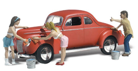 HO Scale Woodland Scenics AutoScenes AS5533 Suds & Shine Car Wash 1940 Red Coupe