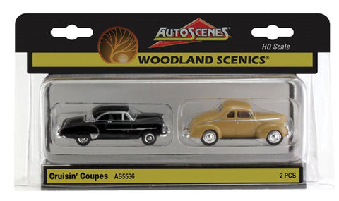 HO Scale Woodland Scenics AutoScenes AS5536 1940's Black & Tan Cruisin' Coupes