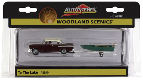 HO Scale Woodland Scenics AutoScenes AS5544 To the Lake Red Coupe Boat w/Trailer