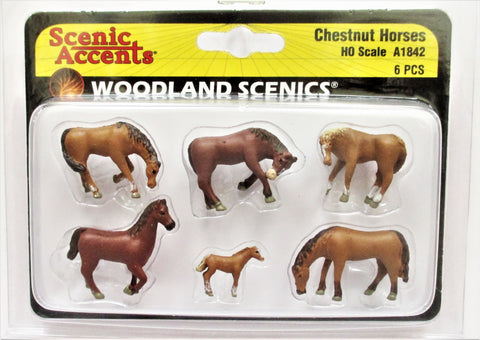 HO Scale Woodland Scenics A1842 Chestnut Horses Figures (6) pcs