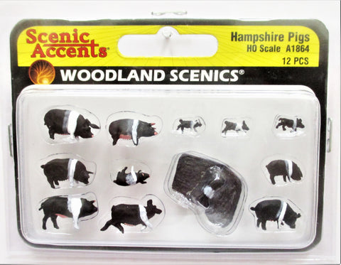 HO Scale Woodland Scenics A1864 Hampshire Pigs Figures (12) pcs